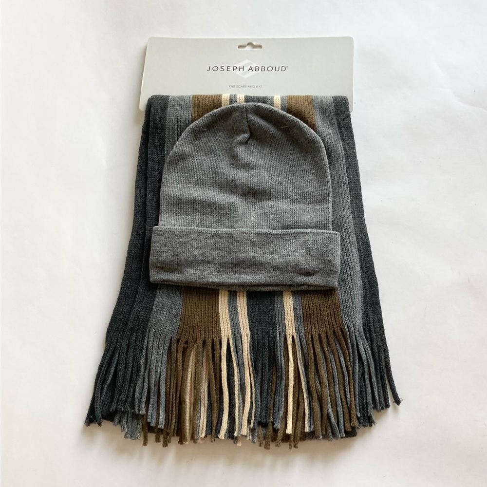New Joseph Abboud Grey Brown Beige 100% Acrylic Knit Scarf and Hat